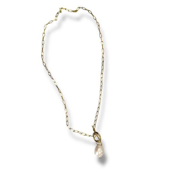 Keachains Handmade NWOT 18k Gold Filled Toggle Paperclip Pearl Chain Necklace - Picture 1 of 4